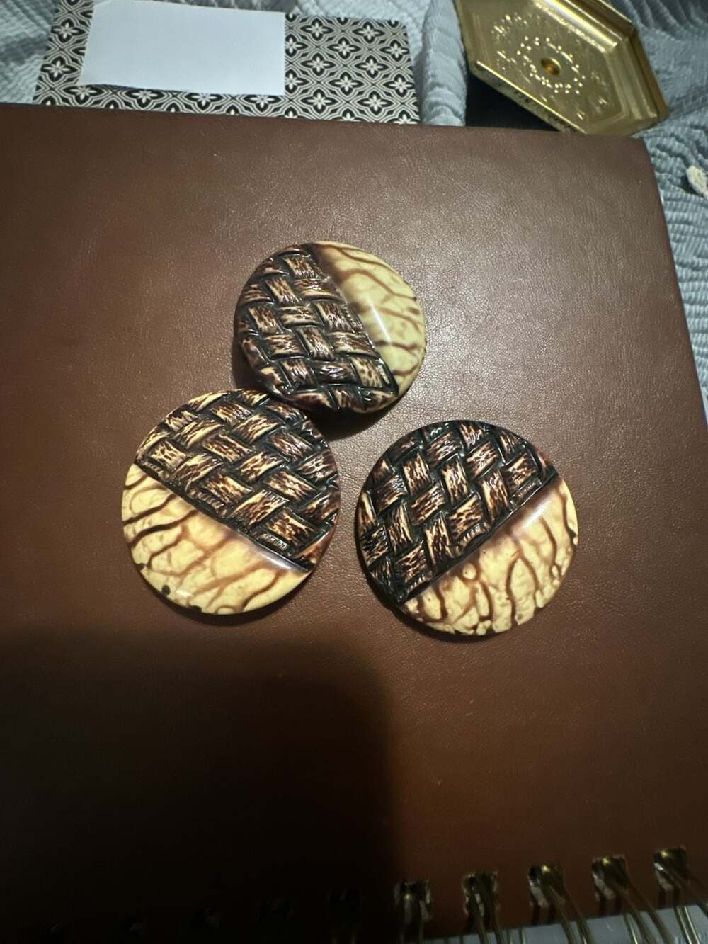 Vintage Celluloid Basket Weave and Marble Effect Buttons, Set of 3